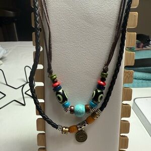 Blue and Red Layered Necklace with Beads and Pendant